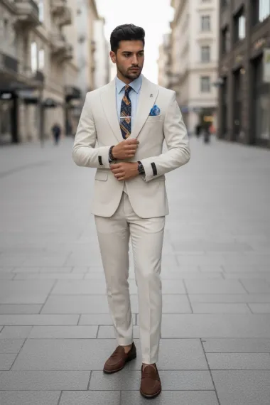 Costum barbati slim fit, bej, 3 piese, 13346 49